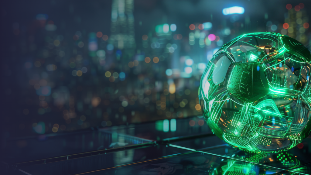 Green semi transparent football with circuitry against a darkened city backdrop